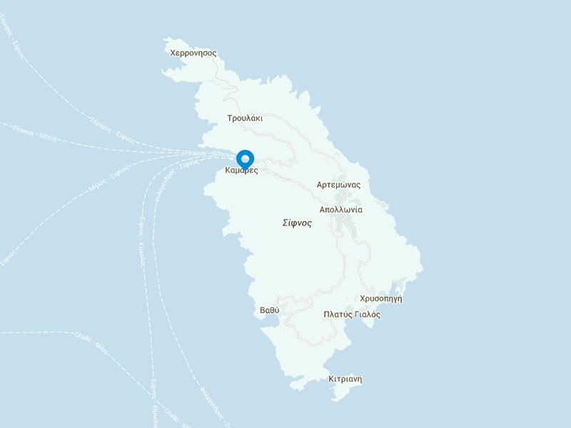 The location of Astrofegia rooms and apartments on the map of Sifnos